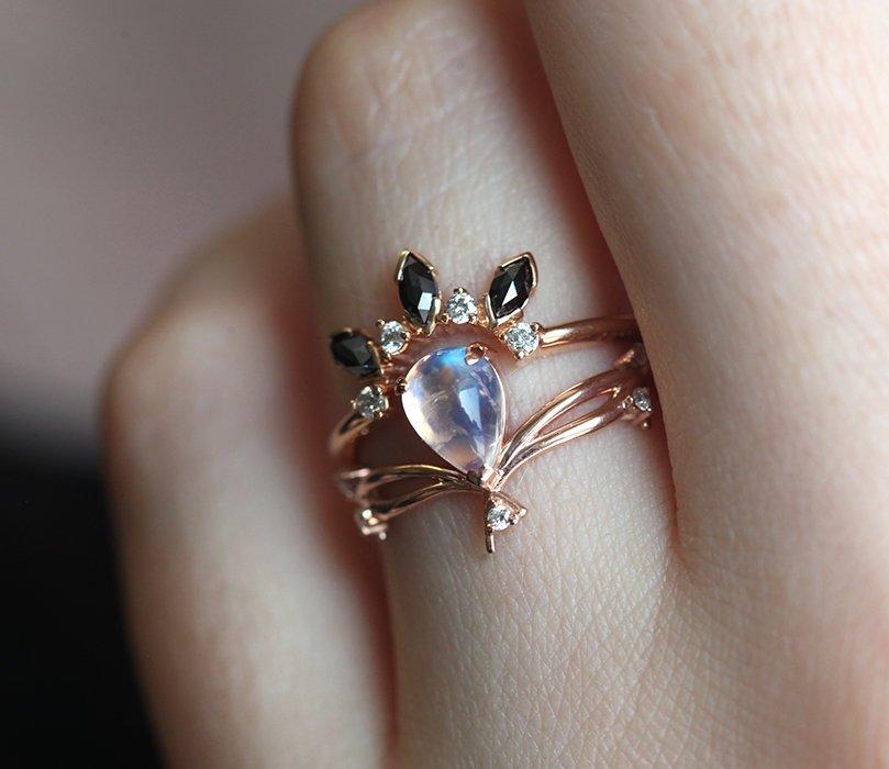 Pear-cut Moonstone Ring with Twig and Diamond Buds