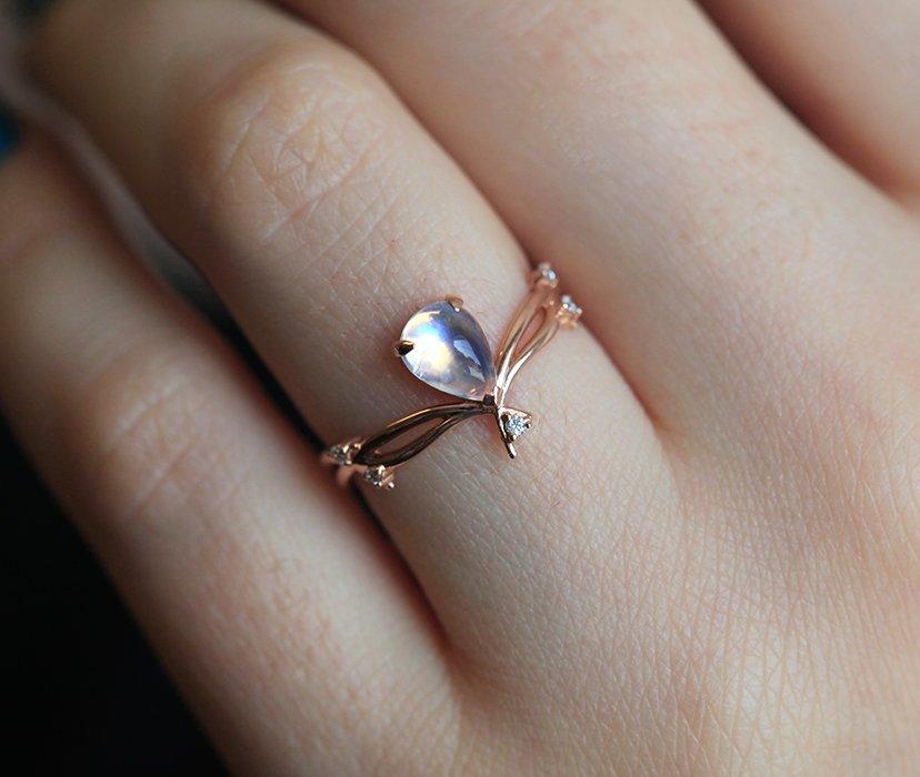 Pear-cut Moonstone Ring with Twig and Diamond Buds