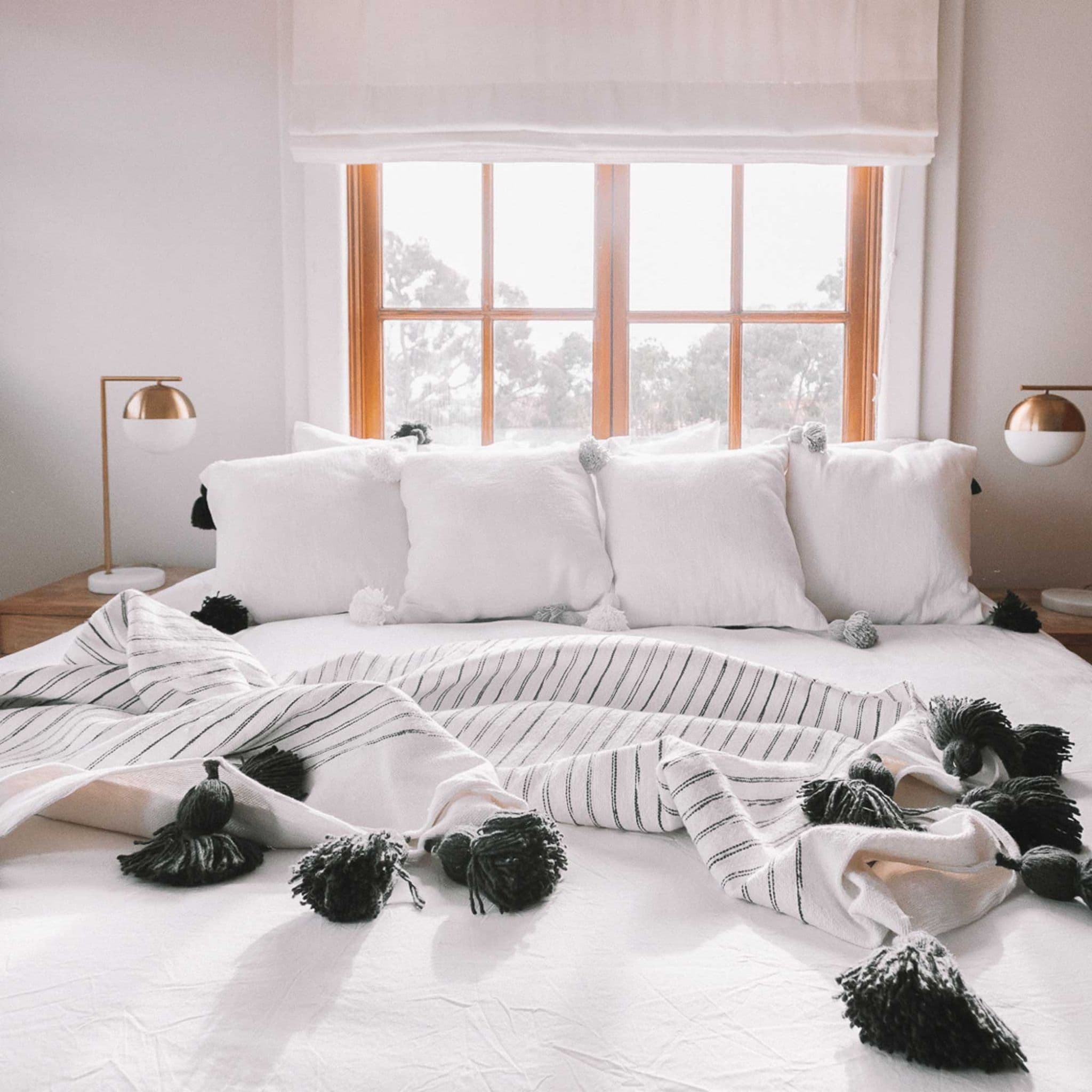 Monochrome Striped Moroccan Pom Pom Blanket