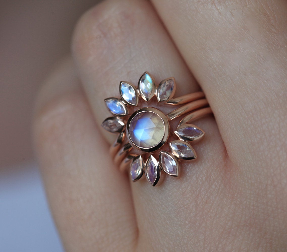 Rose Gold Moonstone Ring Set, Floral Moonstone Ring