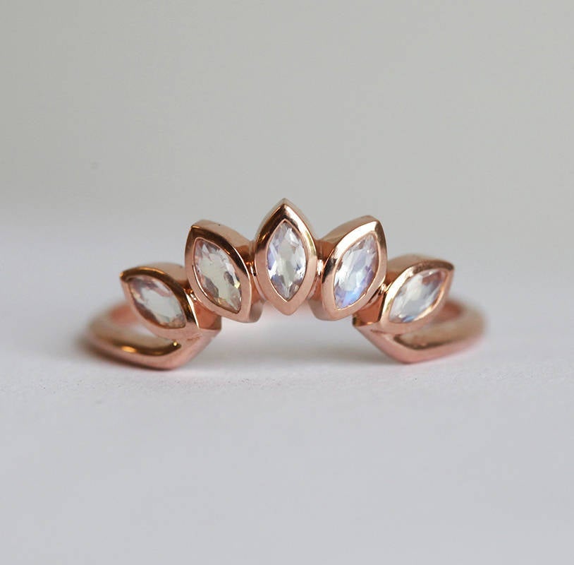 Rose Gold Moonstone Ring Set, Floral Moonstone Ring