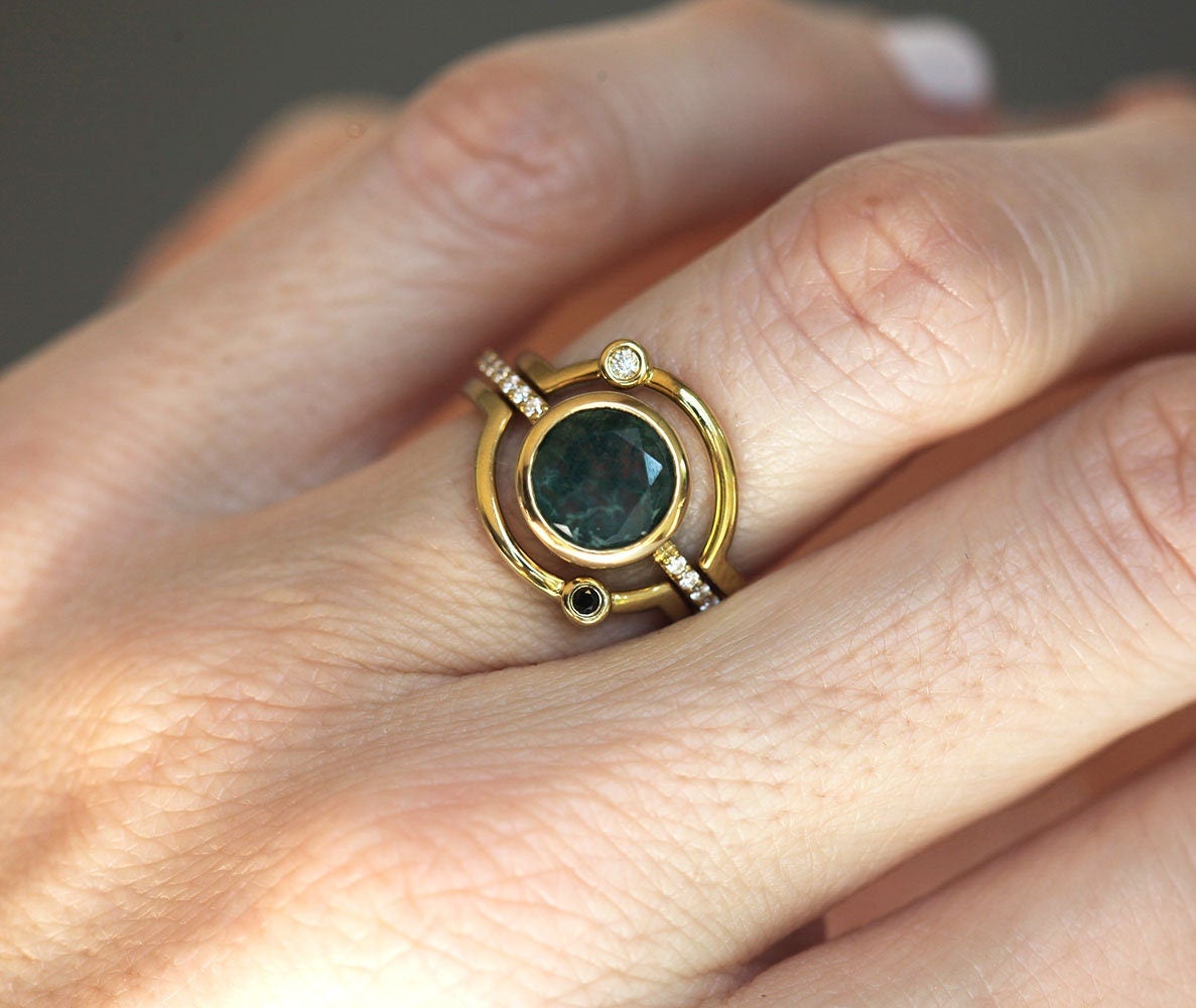 Saturn Moss Agate Ring Set