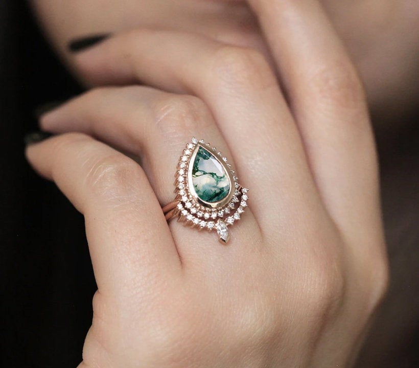 Tara Pear Moss Agate and Diamond Ring Set