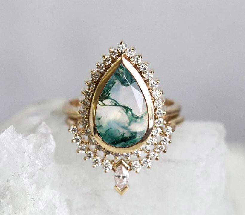 Tara Pear Moss Agate and Diamond Ring Set