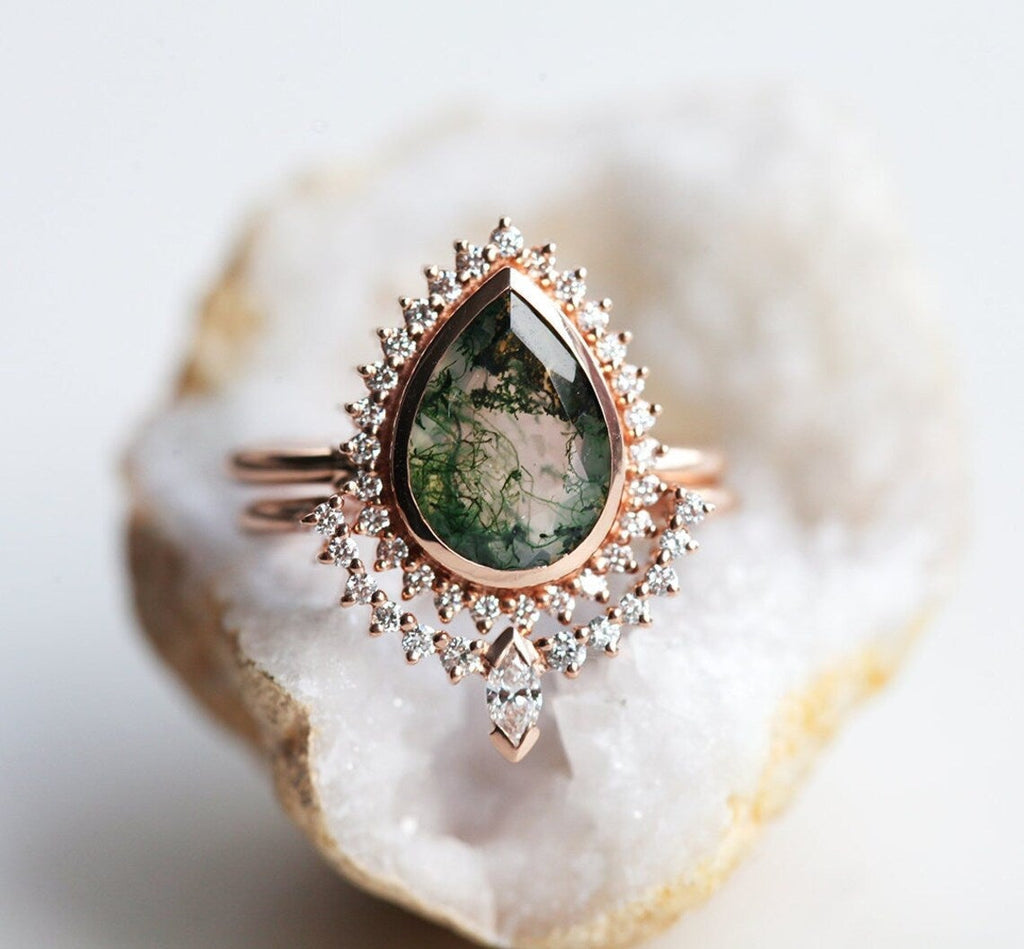 Tara Pear Moss Agate and Diamond Ring Set