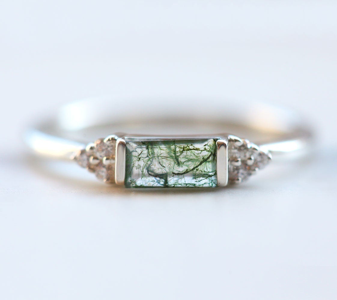 Taylor Moss Agate Baguette And Diamond Ring