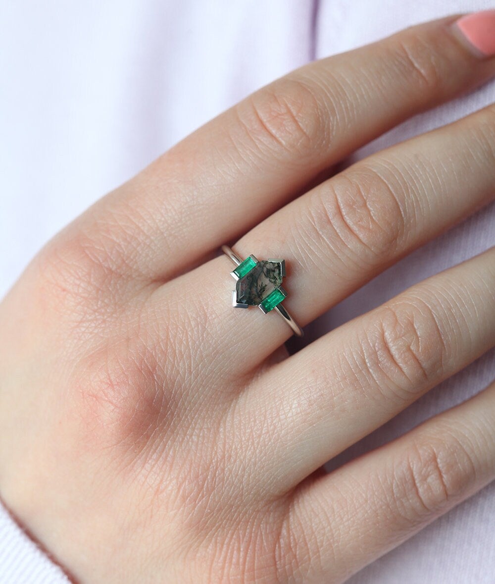 Tonya Hexagon Moss Agate and Emerald Ring