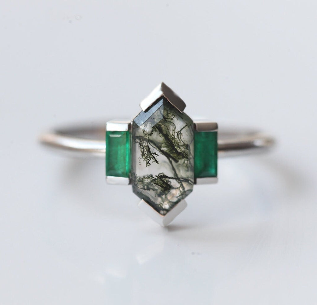 Tonya Hexagon Moss Agate and Emerald Ring