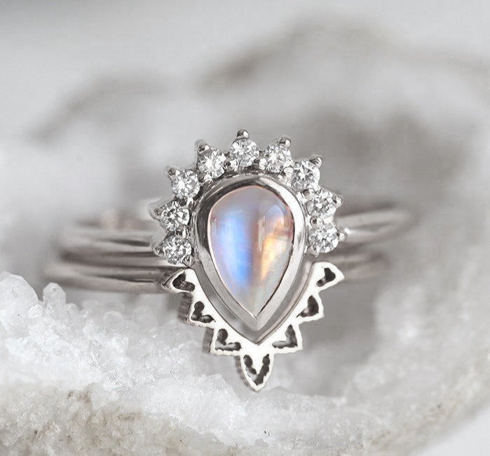 Ulysses Pear Moonstone Diamond Ring Set
