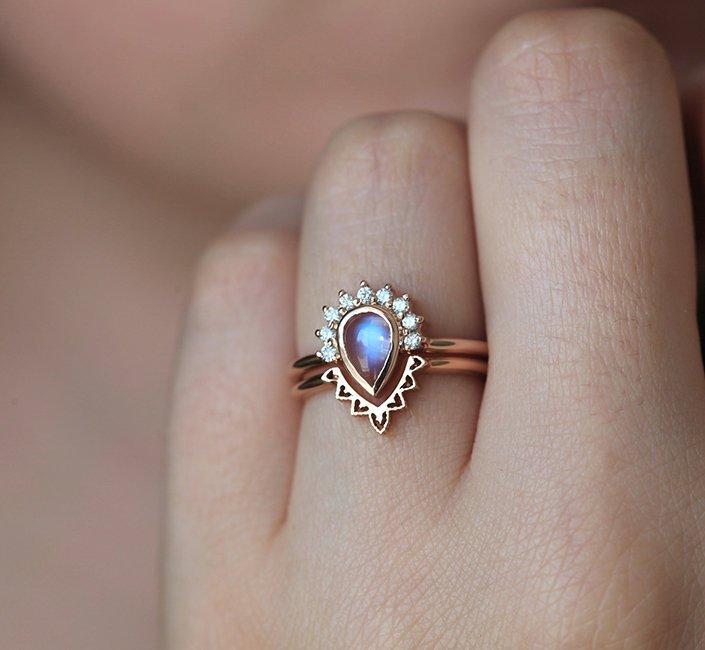 Ulysses Pear Moonstone Diamond Ring Set