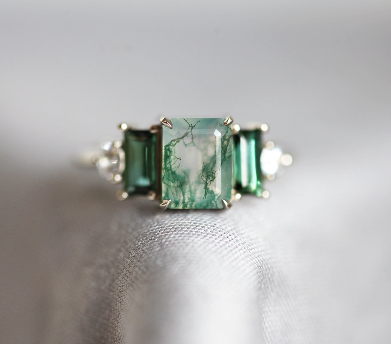 Victoria Emerald Cut Moss Agate Ring with Accent Stones