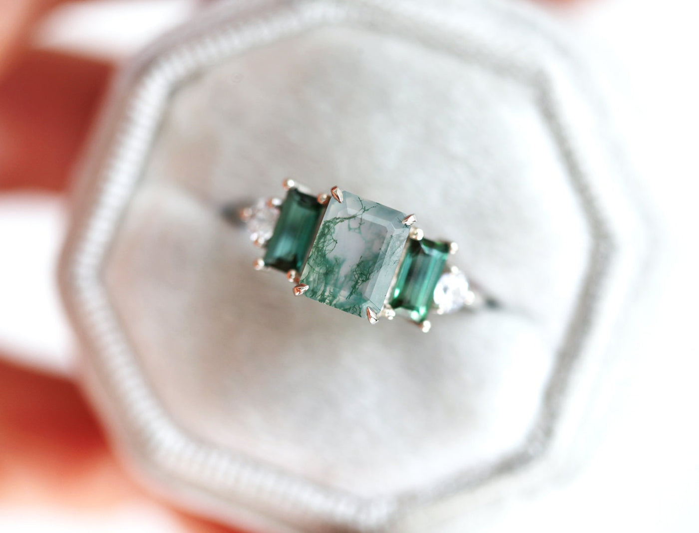 Victoria Emerald Cut Moss Agate Ring with Accent Stones