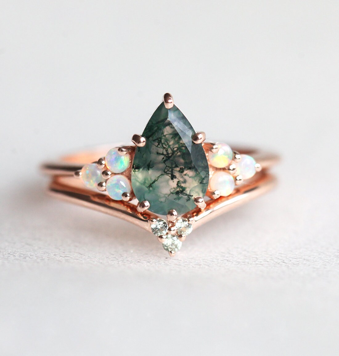 Willow Pear Moss Agate and Opal Ring Set