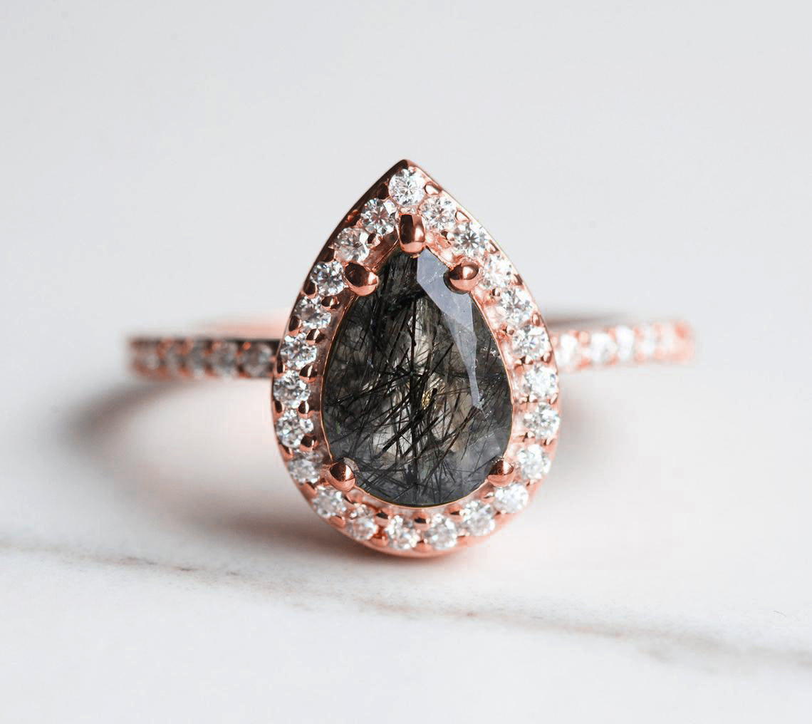 Britney Pear Black Rutile Quartz Ring with Moissanite Pave Halo