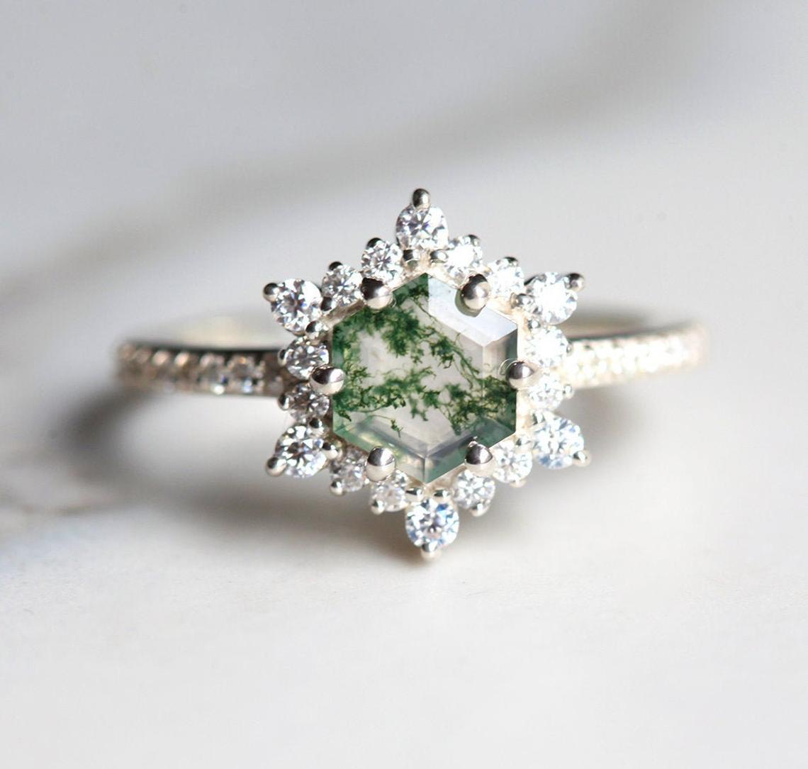 Cleo Hexagon Moss Agate Ring with Moissanite