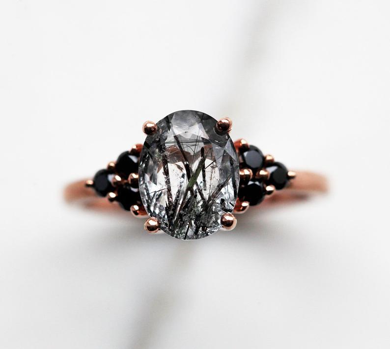 Olivia Black Rutile Quartz Ring with side Black Spinel