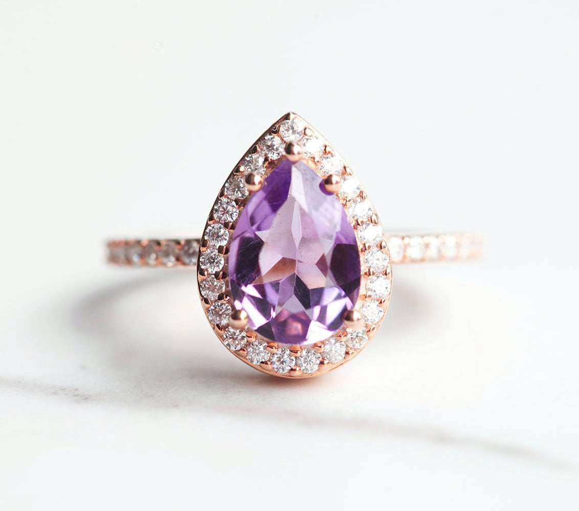 Britney Pear Amethyst Ring with Moissanite Pave Halo